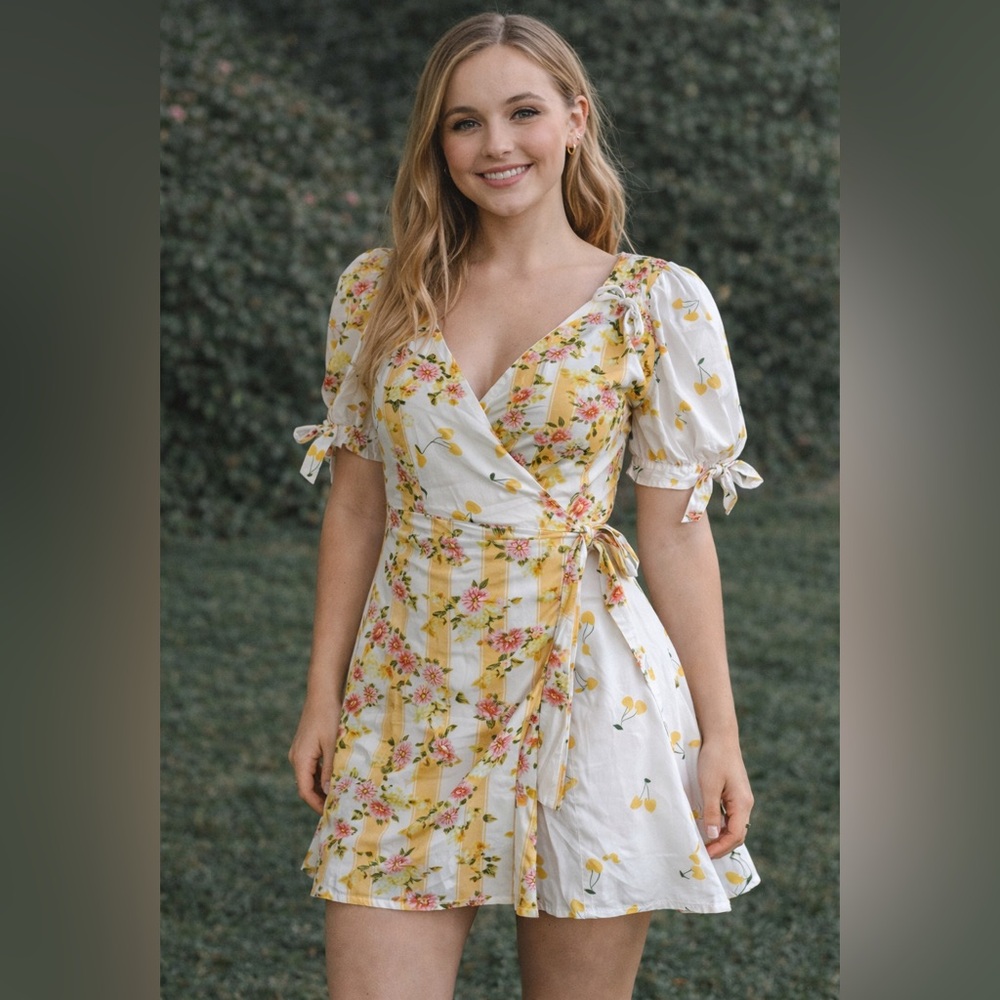 NWOT: Floral Wrap Dress with Puff Sleeves